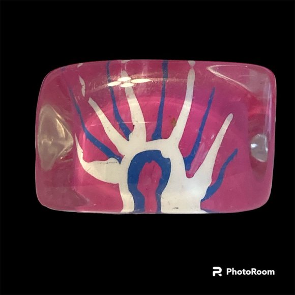 Vintage Lucite Acrylic Ring Size 6 Retro Abstract Hand Painted Pink Blue White - Picture 4 of 12